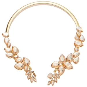 Elegant gold choker with champagne teardrop crystals in a leaf design on white background