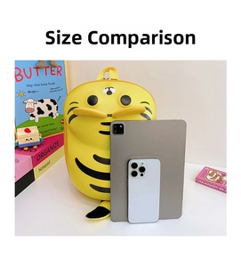 Size comparison of yellow cartoon backpack with iPad and phone for school kids