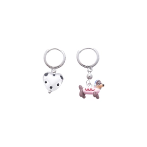 Asymmetric silver dachshund dog earrings with heart pendant and cute cartoon puppy