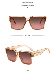 Front and side views of luxury square sunglasses in champagne tea pink gradient finish
