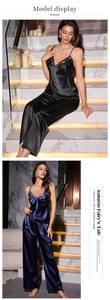 Detailed close-up of luxurious satin sleepwear set with lace trim and V-neckline