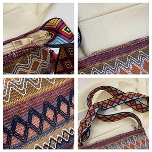 Detailed views of ethnic woven crossbody bag with geometric straps and gold zipper details
