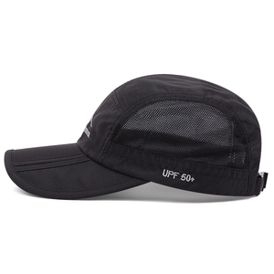 Detail of black UPF 50+ embroidered logo on breathable mesh outdoor sun hat side
