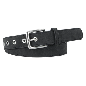 Matte black suede belt with vintage silver buckle and eyelets on white background