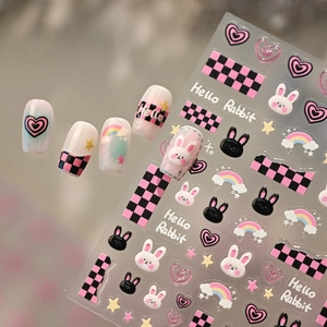 Y2K rabbit and heart nail stickers with pink checkerboard patterns for girls