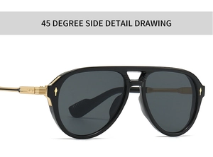 Detail view of double-bridge aviator sunglasses with black frame and gold metal temples
