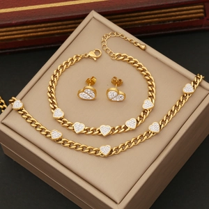 Heart Necklace Bracelet And Earrings Stainless Steel Gold Plated Full Rhinestone Jewelry For Women Fashion