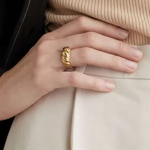Croissant Ring Stainless Steel 14K Gold Plated Twisted Spiral Texture Minimalist French Retro Jewelry For Women Men