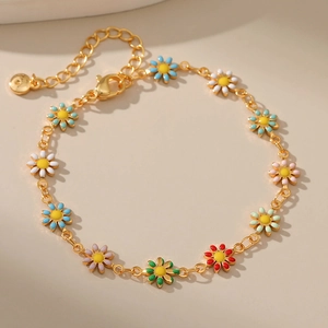 French Style Copper Gold Plated Enamel Daisy Flower Bracelet Multicolor Floral Adjustable Chain Bracelet For Women Vintage Jewelry Gift