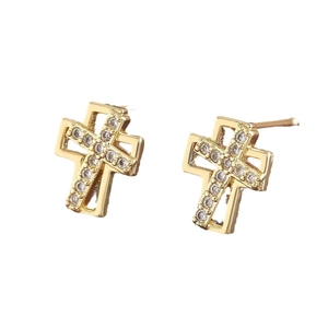 Exquisite 18K gold plated cross stud earrings with micro-pave cubic zirconia accents