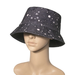 Women's black canvas bucket hat featuring white celestial star and moon patterns