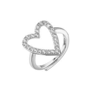 Detail of silver heart ring featuring cubic zirconia pavé and an adjustable open band