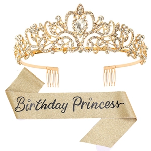Detail of gold Birthday Princess glitter sash and crystal rhinestone tiara set