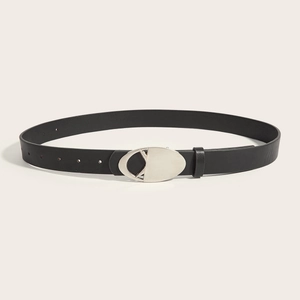 Close-up of black leather belt featuring a silver heart-shaped metal buckle and adjustment holes