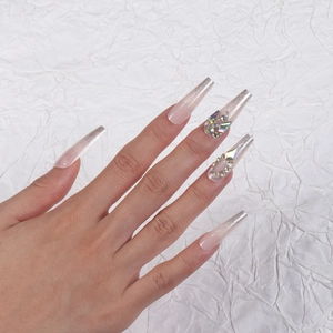 Long Coffin Press On Nails Glitter Gradient Aurora Rhinestone Luxury Removable False Fingernails For Women