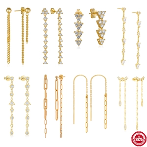 925 Sterling Silver Tassel Drop Earrings For Women Gold Plated Zirconia Inlaid Geometric Paperclip Chain Earrings Elegant Fashion Jewelry
