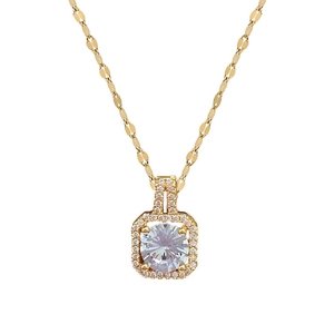 Elegant gold titanium steel necklace with square frame pendant and sparkling round zircon