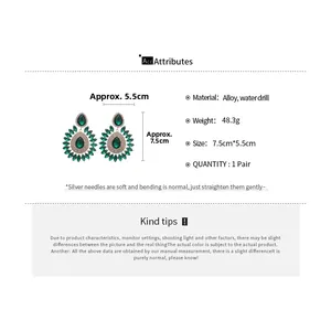 Detailed size chart for water drop earrings featuring green rhinestones and silver needles
