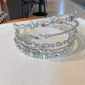 Diadème de mariée de luxe argenté multicouche avec strass en cristal étincelants