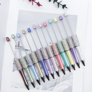 Set of 12 colorful DIY beaded ballpoint pens with gradient AB rhinestones and metal barrels