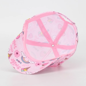 Internal view of pink kids baseball cap with rainbow prints and breathable stitch detail