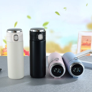 Detail showing colorful smart thermal bottles with LED temperature display screens