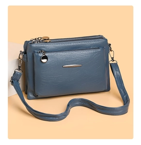 Detail view of blue PU leather crossbody bag with multiple zip compartments and strap