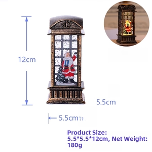 Close-up of vintage Santa telephone booth lantern with dimensions and lighting feature
