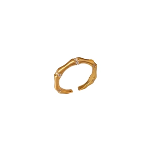 Golden bamboo joint adjustable open ring with sparkling cubic zirconia accents