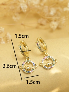 Detail shot of golden Saturn earrings with colorful cubic zirconia and dimensions