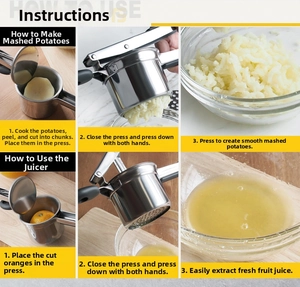 Manual stainless steel potato masher and fruit press with ergonomic silicone handle steps