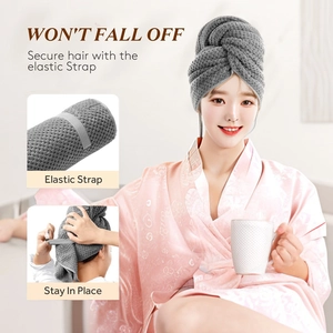 Absorbent microfiber hair towel wrap in grey with elastic secure band for fast drying