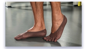 Detail of brown mesh five-toe invisible socks showing thin breathable material on feet