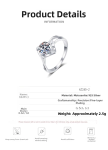 Detailed spec sheet showing 925 silver Moissanite ring with 5-layer plating thickness