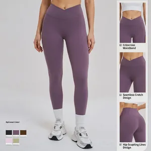 Legging de yoga violet à taille haute croisée en V et couture fessière