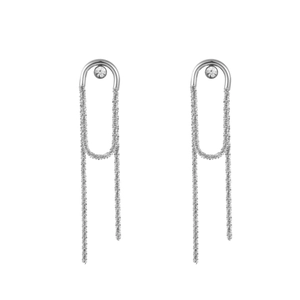 Silver stainless steel tassel drop earrings with sparkling rhinestone studs on white background