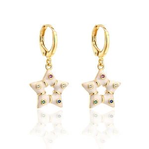 Bohemian gold-plated earrings with star enamel pendant and colorful zircons on white backdrop