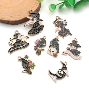 Gothic plague doctor and raven enamel charms in black and gold for DIY jewelry