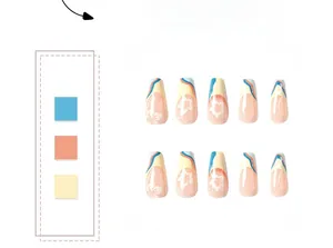 Detailed view of French floral coffin press-on nails with blue and orange wave patterns