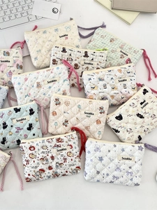 Quilted Cotton Makeup Bag Small Portable Cosmetic Pouch Zipper Storage Organizer With Braided Puller For Women Girls