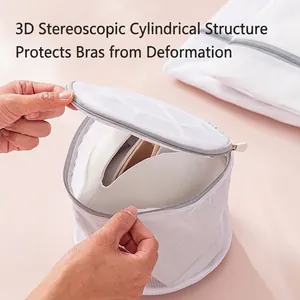3D cylindrical laundry mesh bag with gray zipper for protecting bras and delicate lingerie