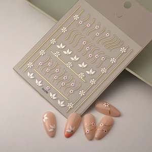 5D embossed daisy nail stickers with gold wavy lines and floral 3D relief patterns