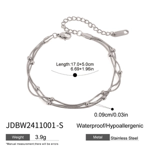 Three-layer stainless steel beaded chain bracelet with adjustable lobster clasp in silver finish