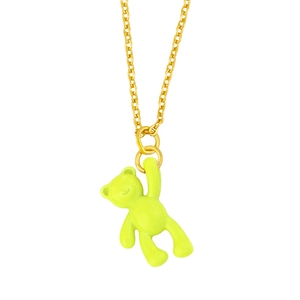 Detailed close-up of a neon green bear pendant on a delicate gold metal chain necklace