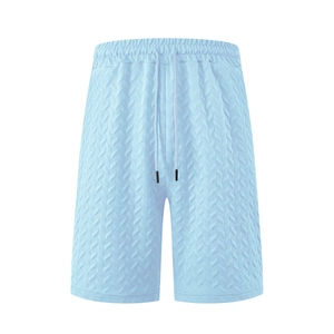 Men's light blue casual shorts with herringbone texture, elastic waist and drawstring cord