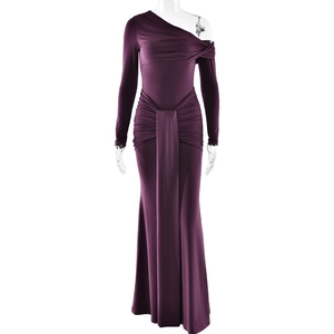 Slim fit one shoulder long sleeve deep purple evening gown with ruched fishtail detail