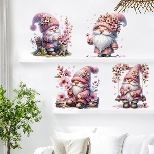 Adesivi Murali Gnomo Ciliegio Rosa PVC Impermeabile Removibile Decorazione Finestra Primavera Soggiorno Casa