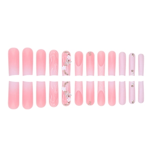 Pink gradient long press-on nails set with glitter, rhinestones, butterflies and flowers