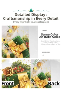 Detail of Christmas window stickers showing double-sided color with festive holiday patterns