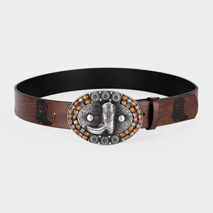 Detail of western brown leather belt with antique silver buckle and cowboy boot motif
